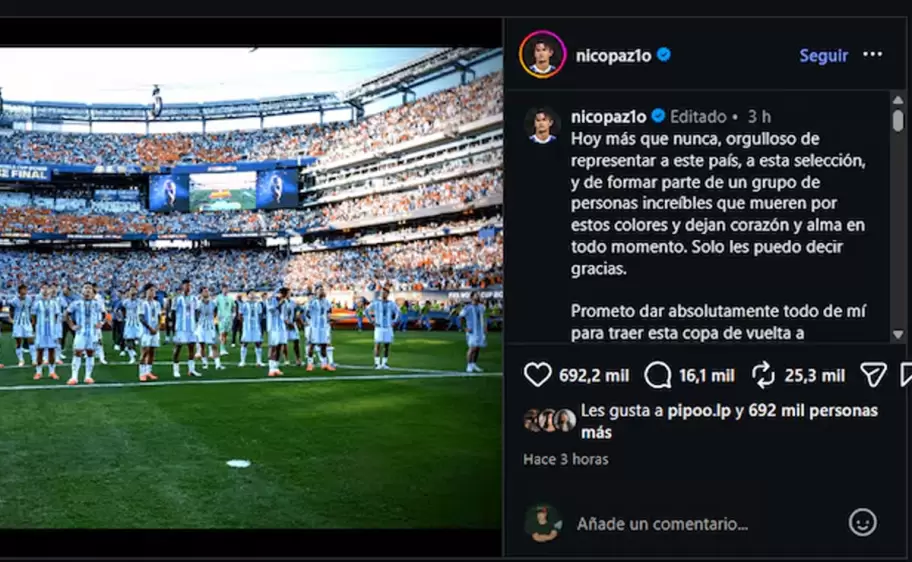 Posteo de Nico Paz en Instagram