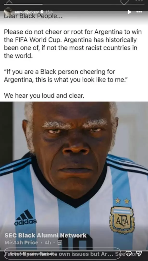 El actor recompartió en Instagram una imagen de la SEC Black Alumni Network con Stephen, su personaje de Django Unchained