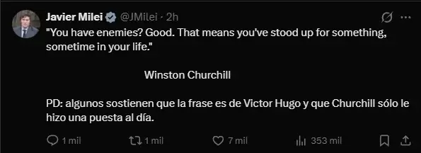 Tuit de Milei citando a Winston Churchill
