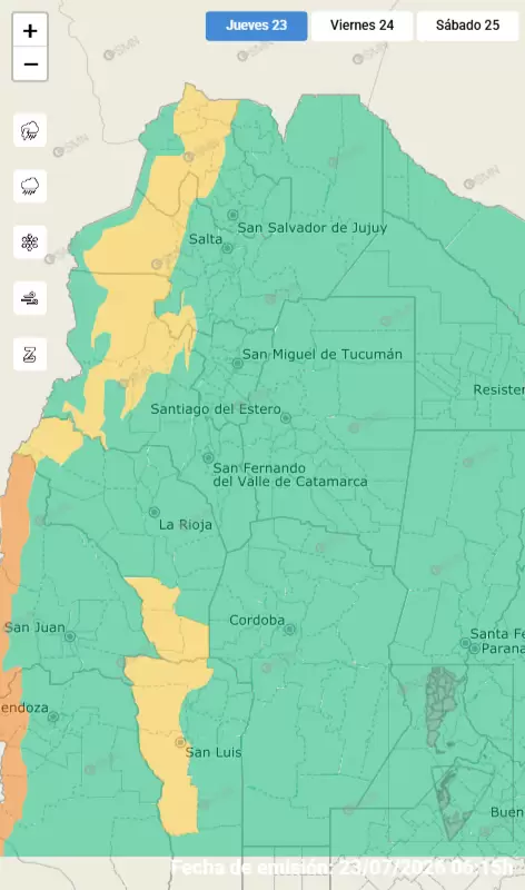Alerta por fuertes vientos para este jueves 23 de julio de 2026